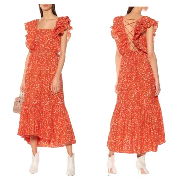 Ulla Johnson Freida Dress Printed Cotton Coral Batik Orange Size 2 - Picture 10 of 12